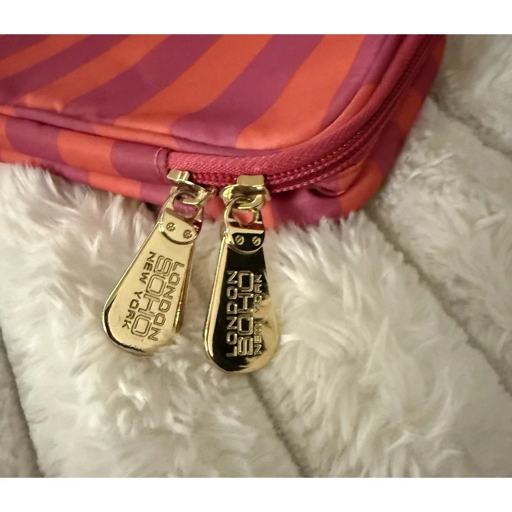 Soho London New York Makeup Bag Pink Orange Striped Travel Cosmetic‎ Case Zip